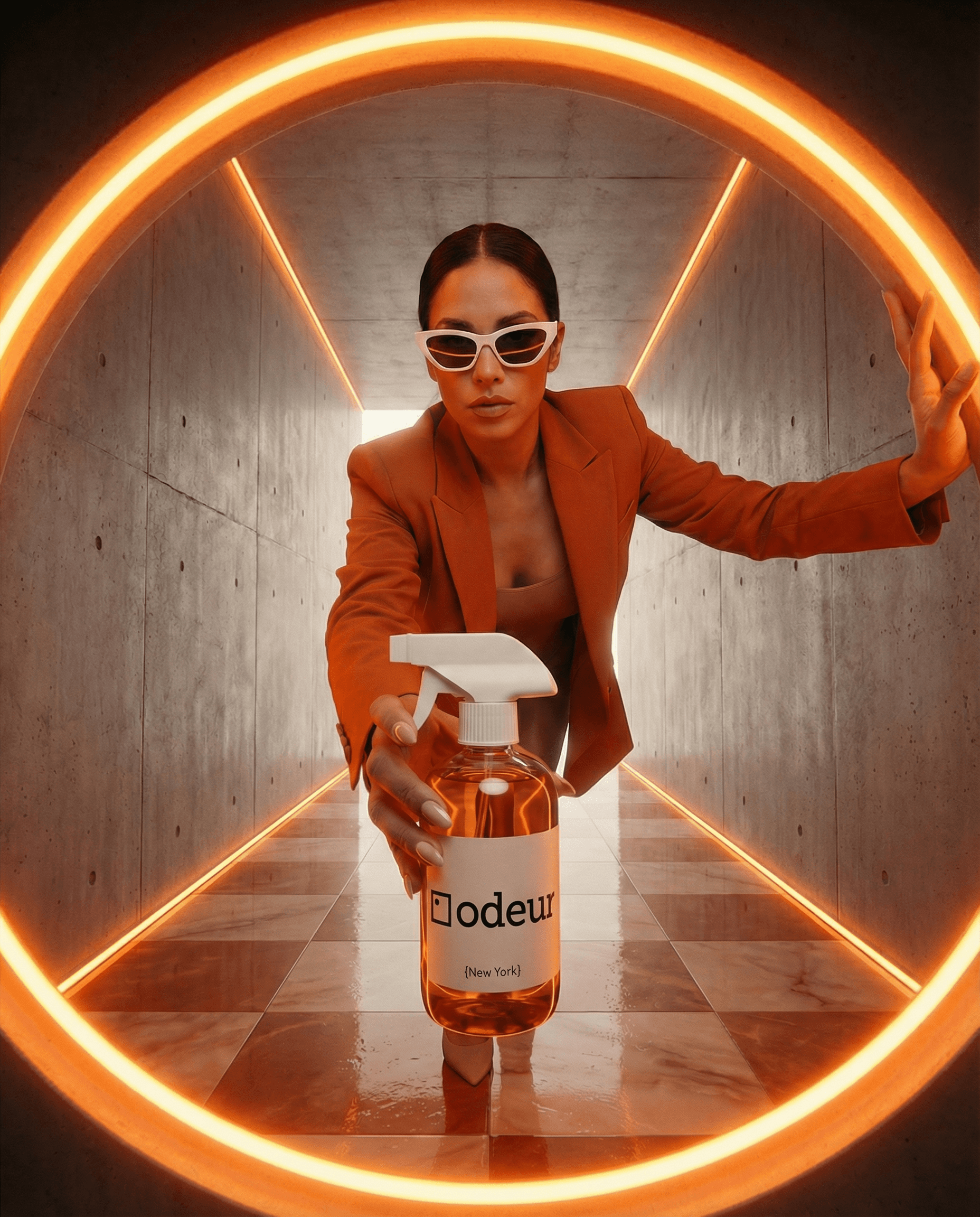 Editorial de marca ODEUR: frasco pulverizador en un corredor de hormigón con anillo de luz