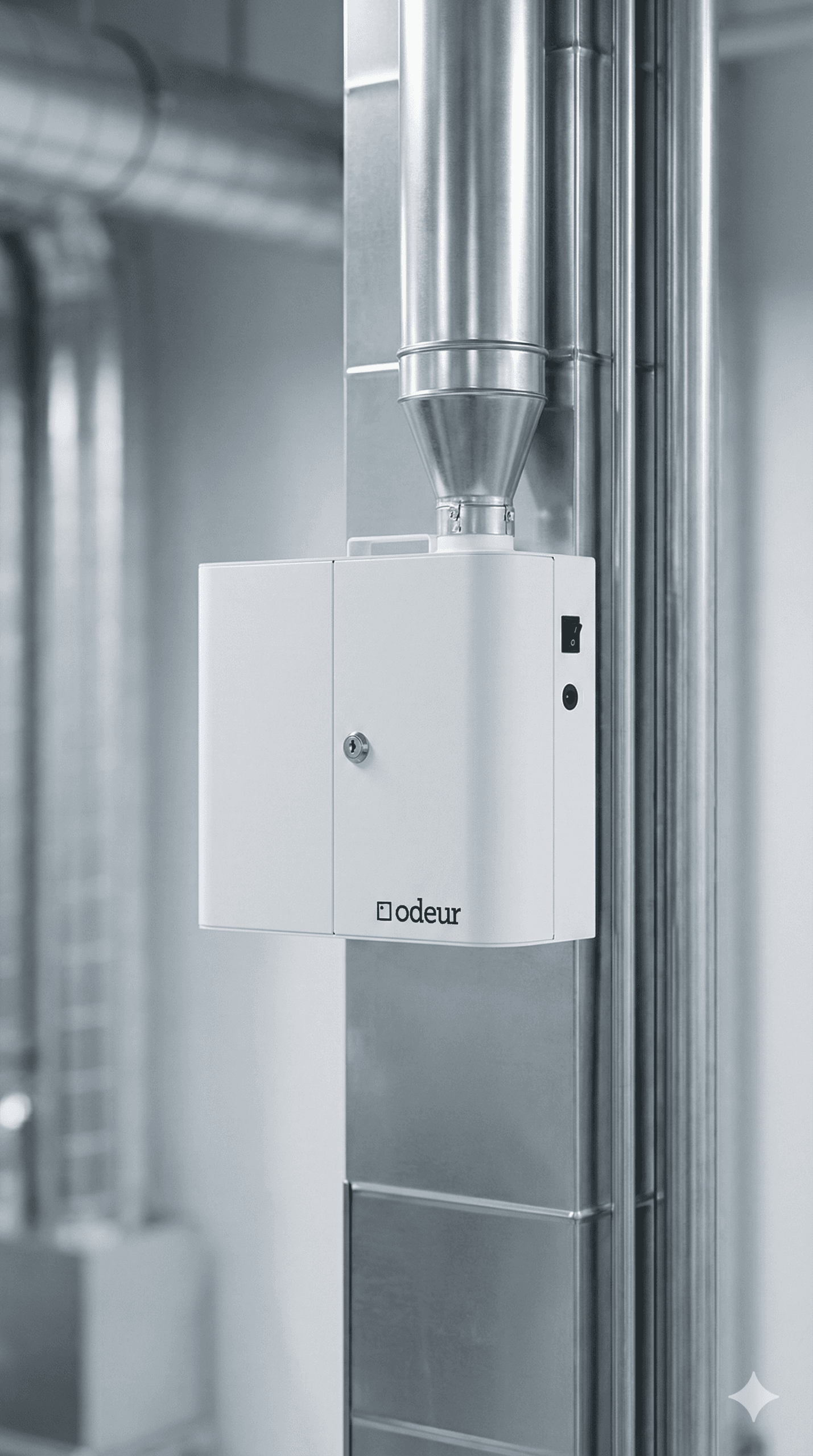 Equipo ODEUR AE3500 instalado sobre un ducto de aire acondicionado en el cuarto de máquinas