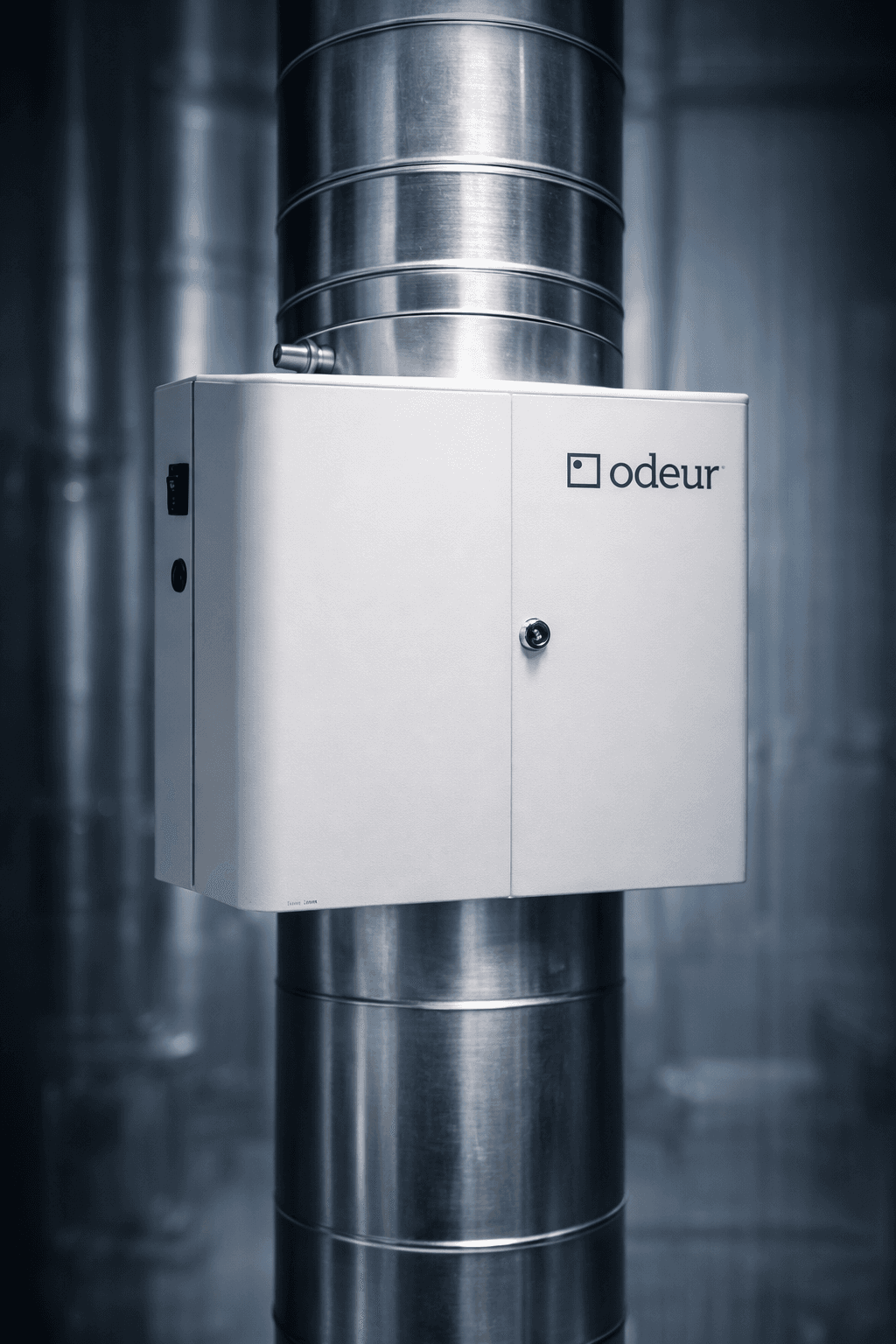 Unidad ODEUR AE3500 montada sobre un ducto de aire acondicionado en un cuarto de máquinas industrial