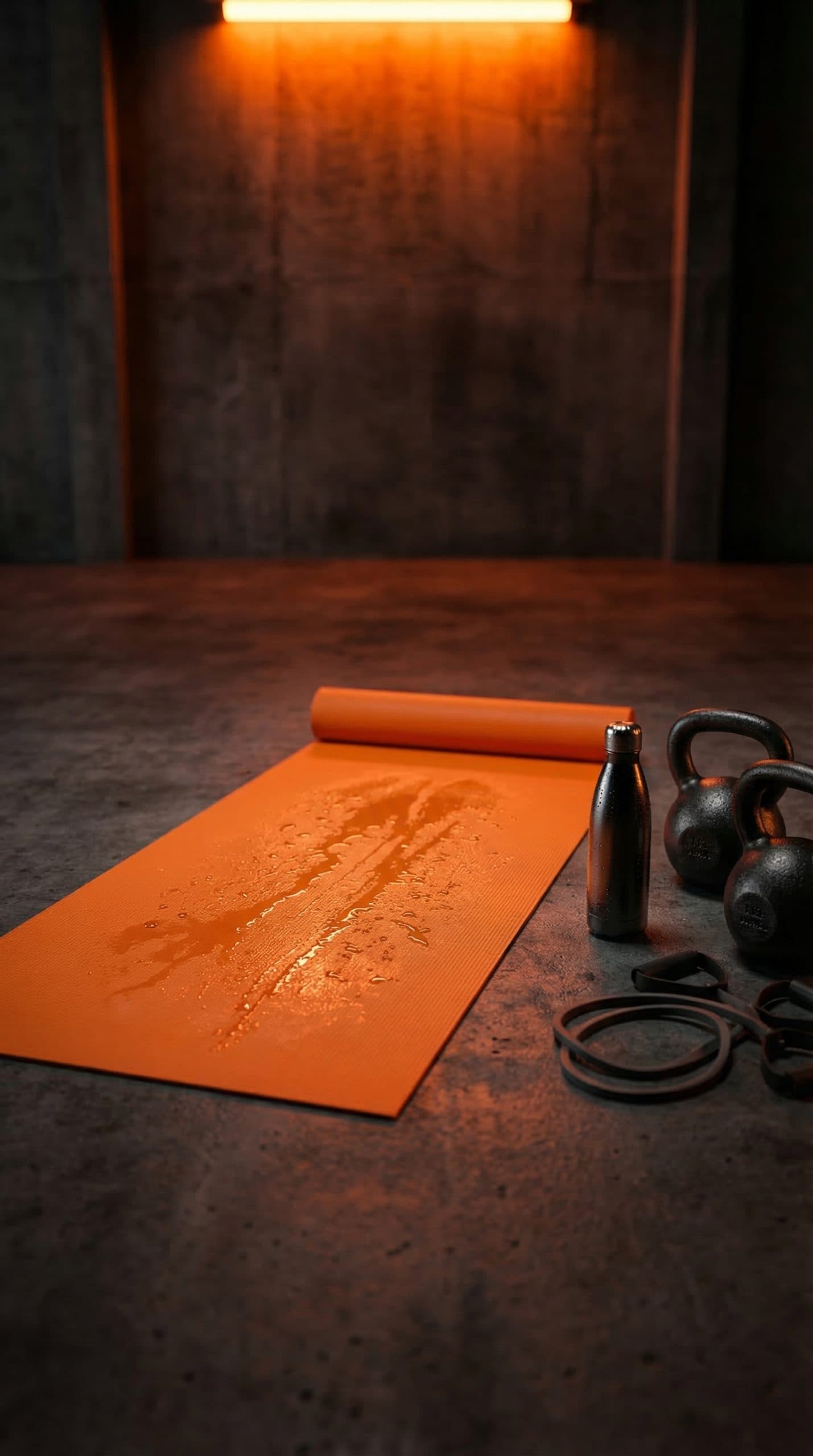 Colchoneta de entrenamiento impregnada de sudor junto a kettlebells y bandas elásticas — las superficies porosas donde se acumulan los COVs