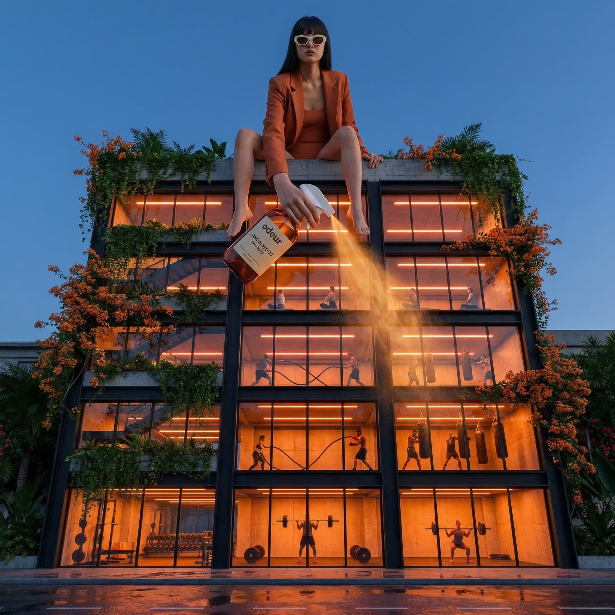 Edificio de gimnasio boutique de varios pisos aromatizado con una fragancia ODEUR Sandalwood