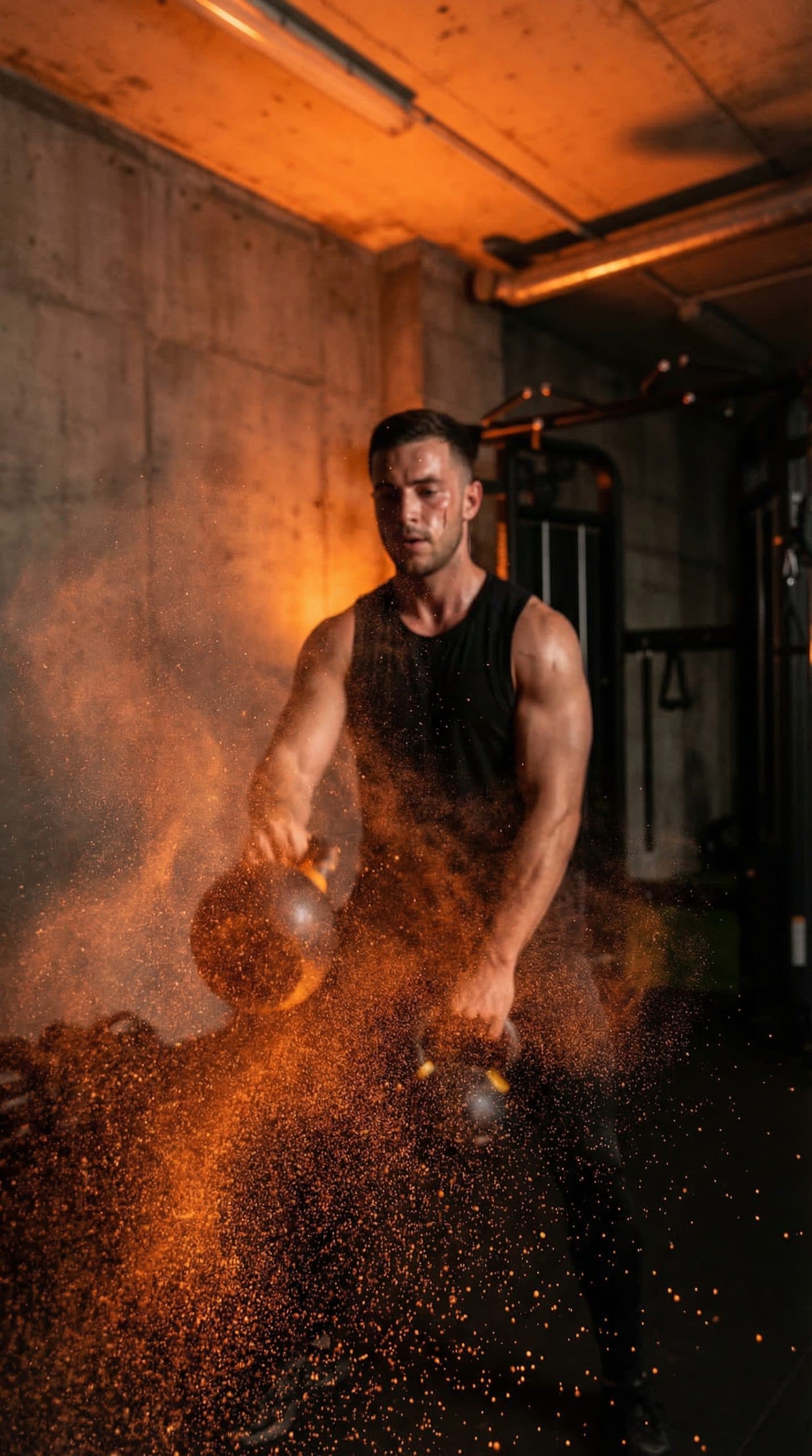 Entrenamiento con kettlebells en una zona de peso libre — cada zona del gimnasio recibe un perfil olfativo distinto según su función