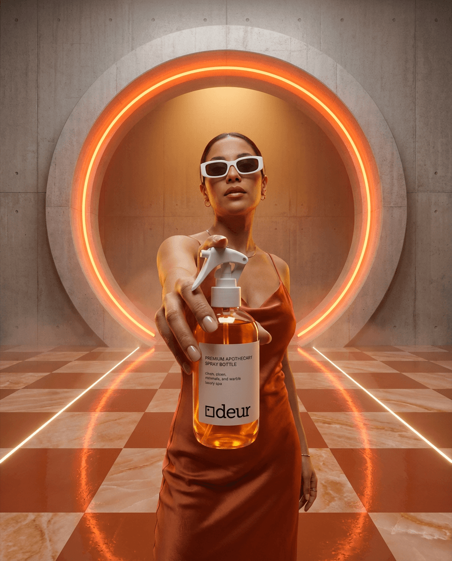 Editorial de marca ODEUR: frasco pulverizador presentado bajo un anillo de luz naranja